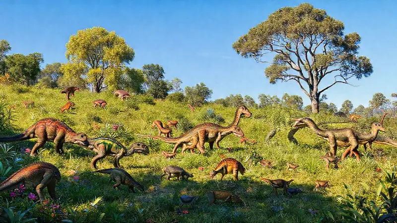 Mamíferos primitivos y dinosaurios en paisaje prehistórico