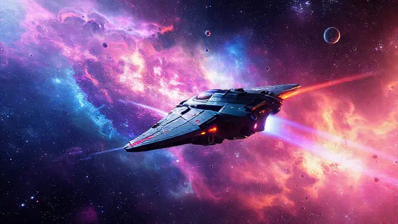 Nave espacial futurista explora una galaxia vibrante