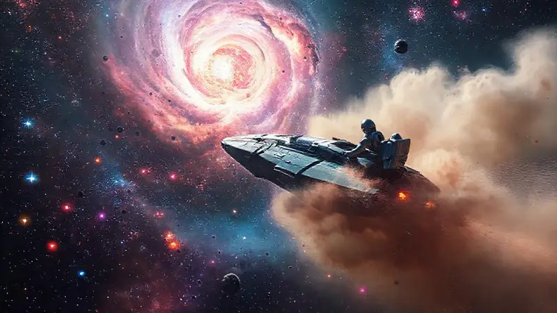 Galaxia colorida con naves y astronautas explorando