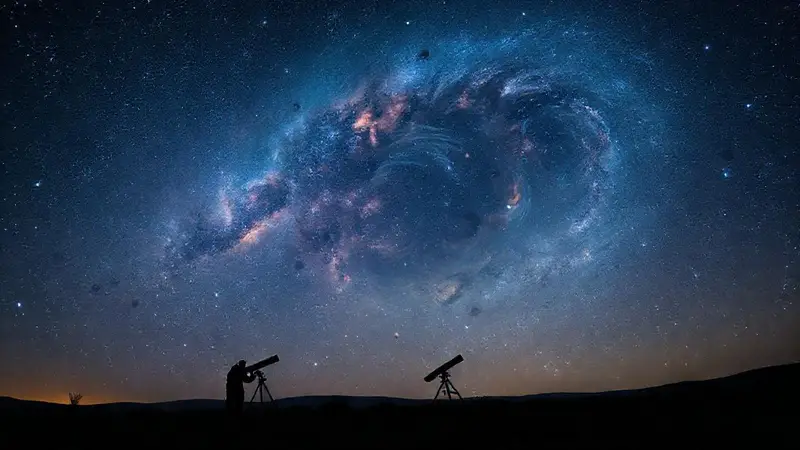 Astrónomos observan un cielo estrellado y cósmico