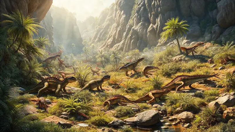 Paisajes prehistóricos con reptiles y vegetación