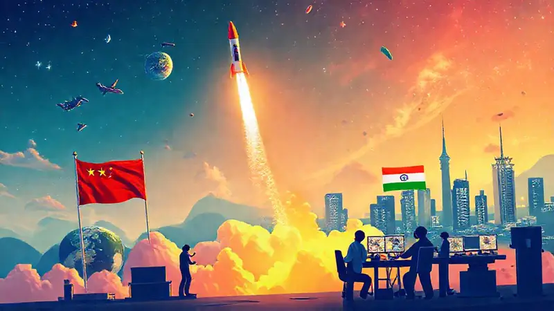 Lanzamiento de cohete con ingenieros y banderas