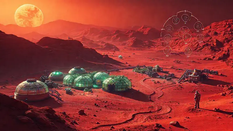 Paisaje futurista de Marte con científicos y tecnología