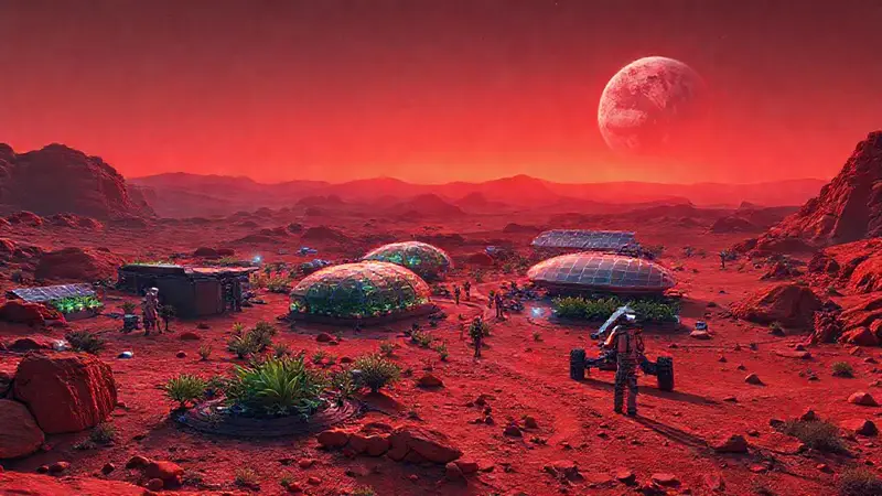 Colonia futurista en Marte con tecnología y naturaleza
