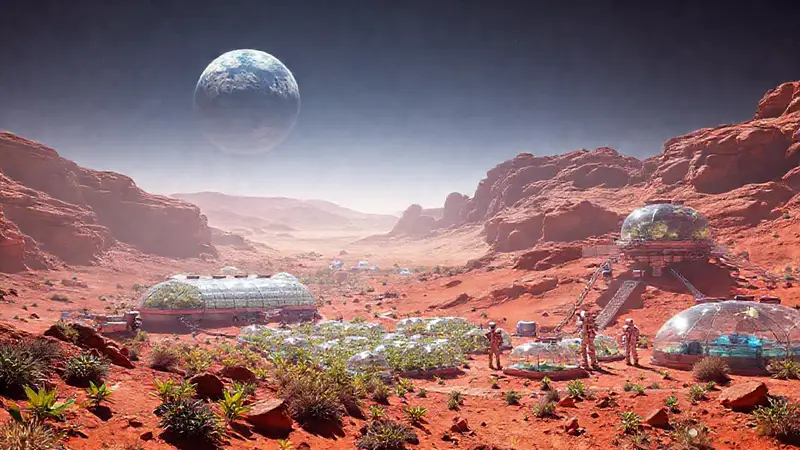 Asentamientos futuristas en el paisaje marciano