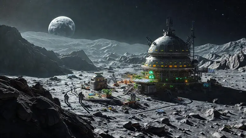 Base lunar futurista en construcción con tecnología sostenible