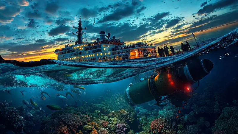 Vesícula de investigación marina al atardecer