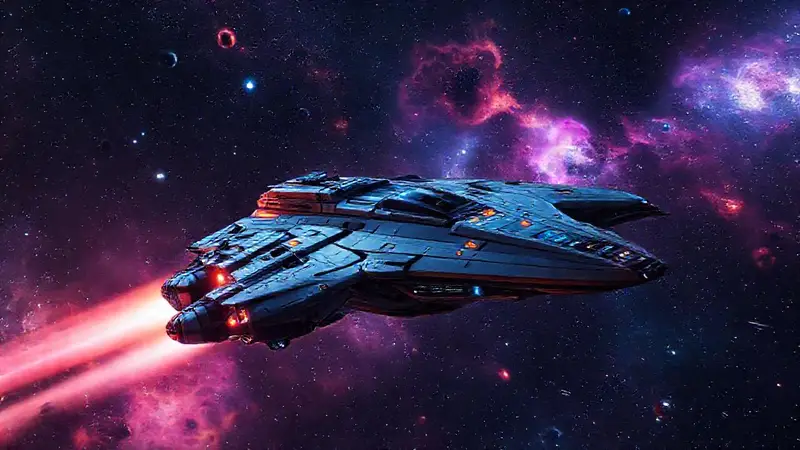 Nave espacial futurista explora una galaxia estrellada