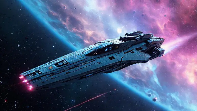 Nave espacial futurista explora vasto espacio