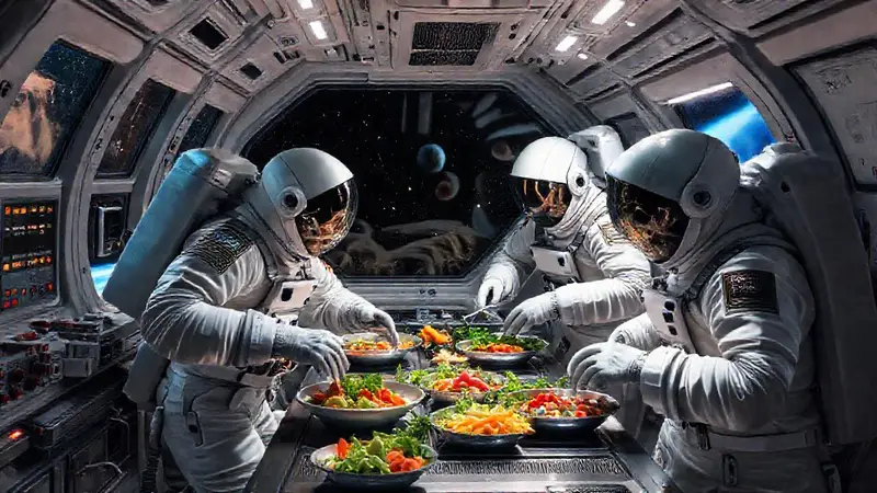Astronautas cocinan en nave con tecnología futurista