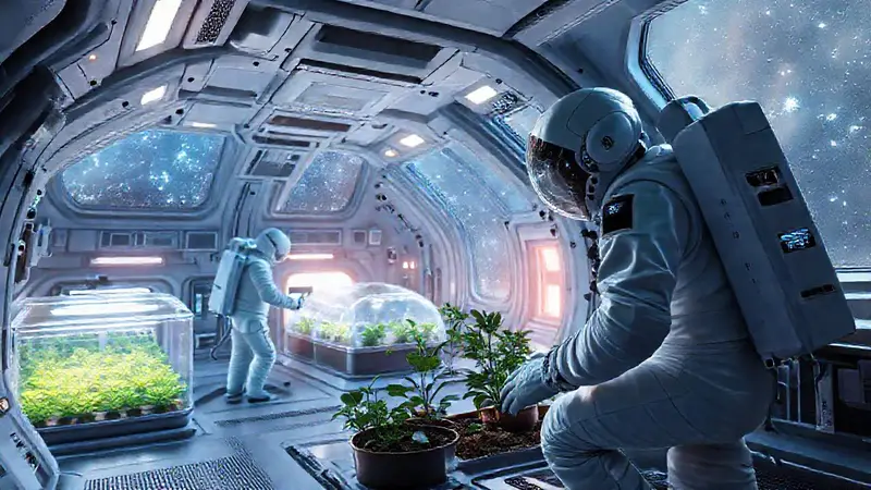 Hábitat espacial avanzado con comunidad y tecnología