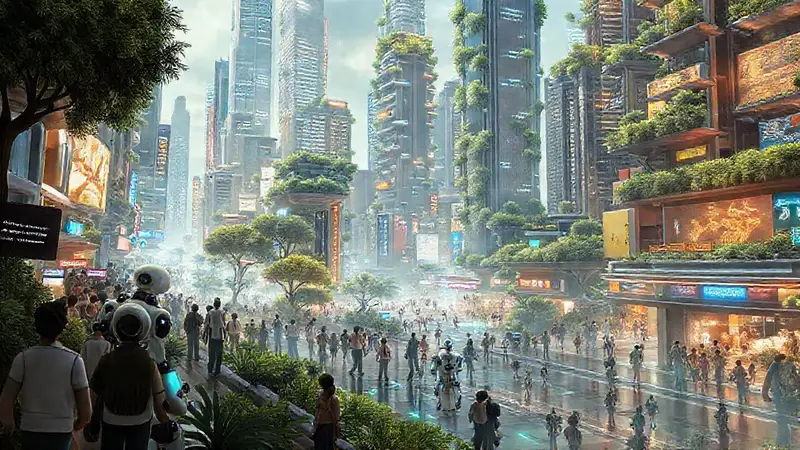 Ciudad futurista con robots y naturaleza integrada