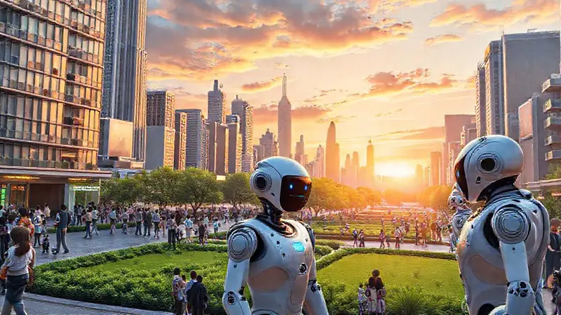 Robots y personas conviven en ciudad futurista
