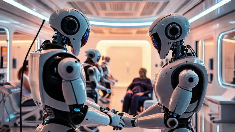 Centro de rehabilitación futurista con robots avanzados