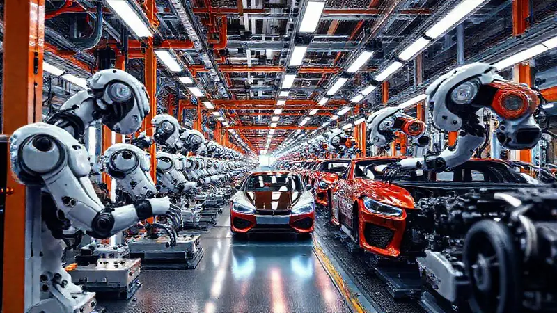 Fábrica futurista de automóviles con robots avanzados