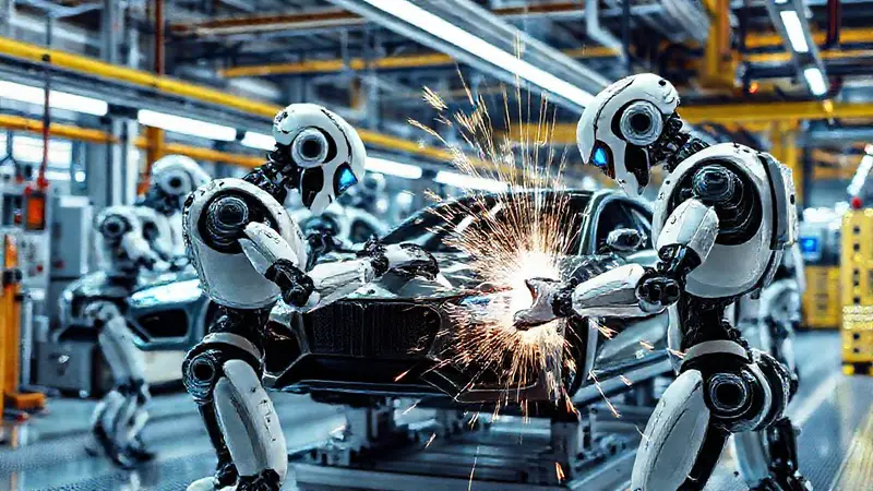 Robots futuristas ensamblando autos en fábricas