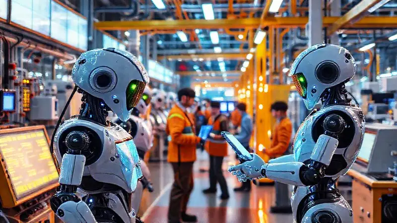 Robots futuristas colaboran en fábrica tecnológica