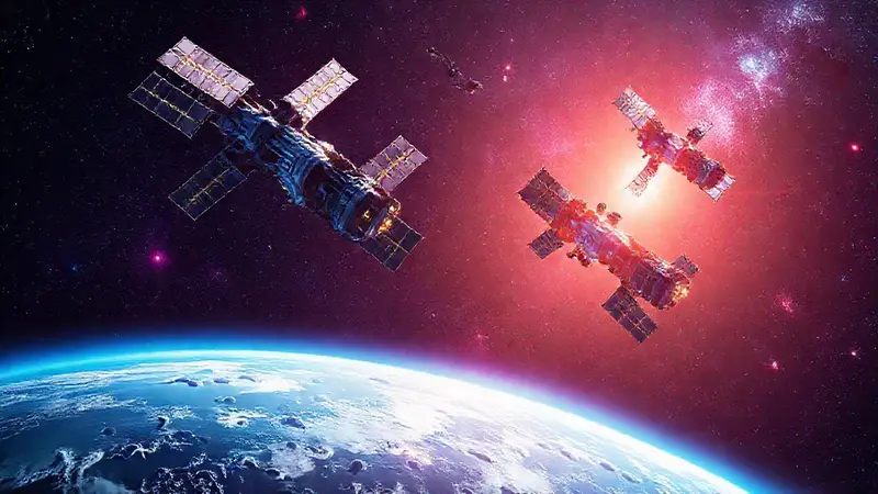 Satélites futuristas orbitan una Tierra vibrante