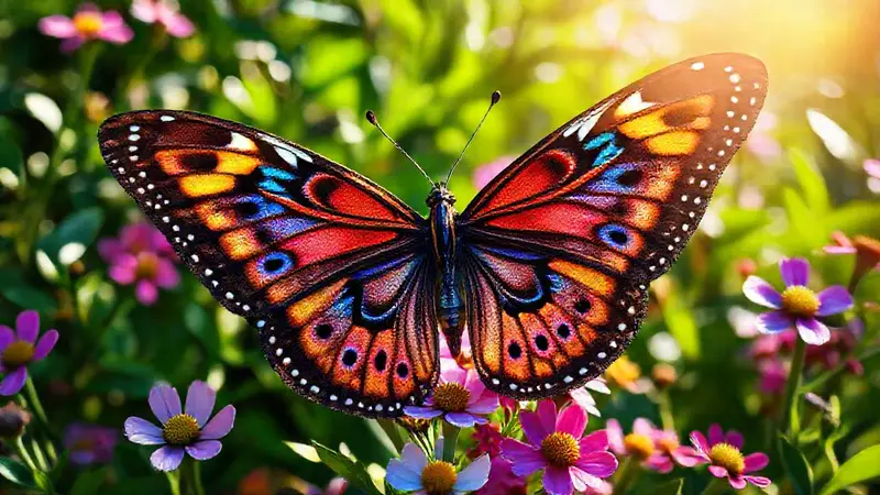 Mariposa colorida rodeada de flores y luz