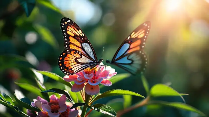 Mariposa simétrica sobre una flor vibrante