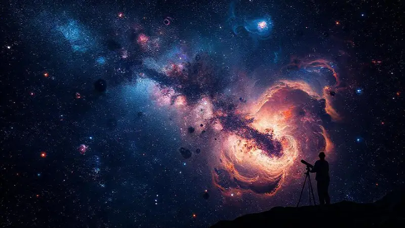 Universo oscuro con galaxias y exploración espacial