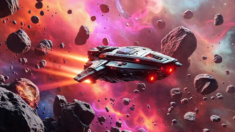 Nave espacial futurista atraviesa cinturón de asteroides