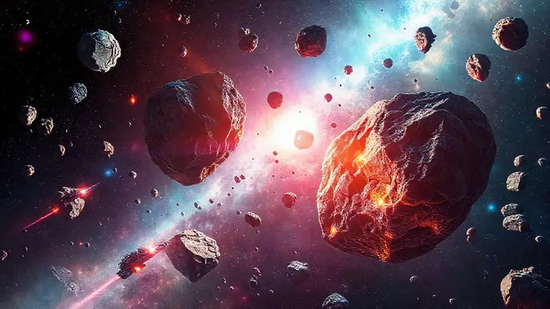 Asteroides brillantes y naves mineras en el espacio