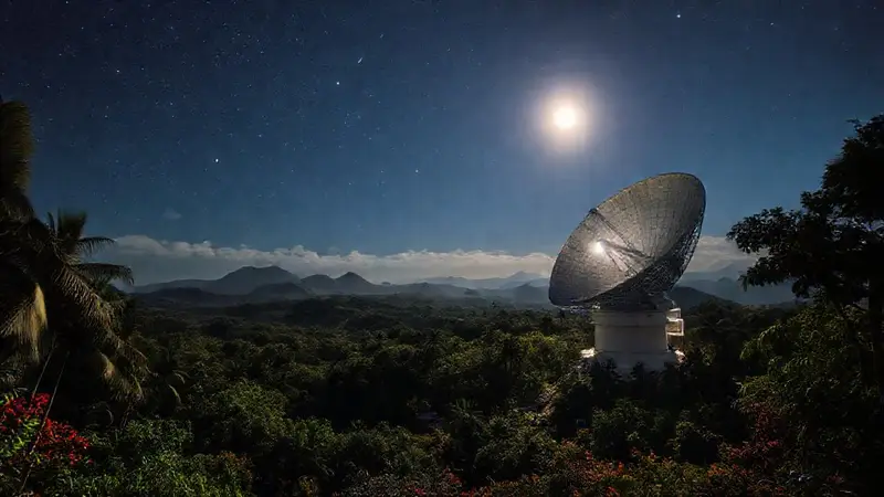 Telescopio Arecibo en un paisaje estrellado
