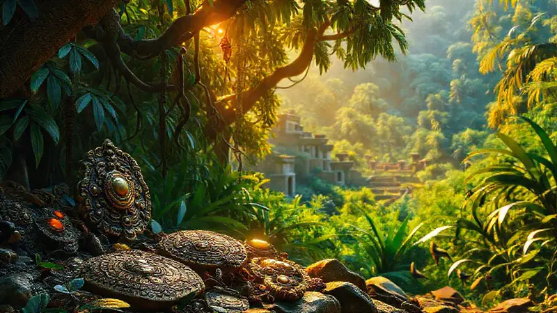 Tesoros antiguos en selva vibrante y misteriosa