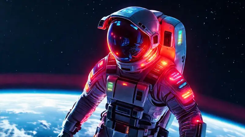 Astronauta futurista en un traje tecnológico brillante