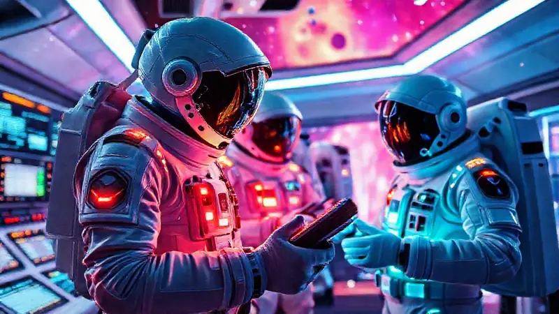 Trajes espaciales futuristas en un laboratorio avanzado