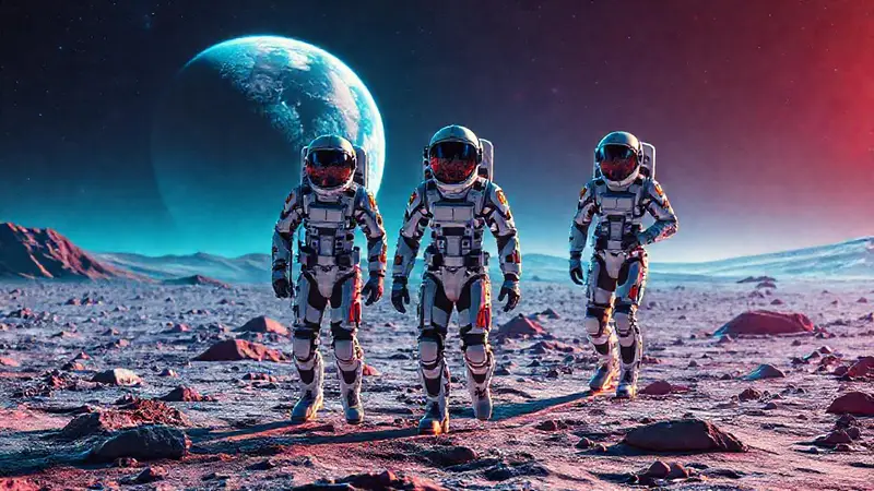 Astronautas en trajes futuristas exploran la Luna