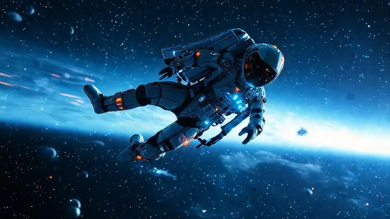 Traje espacial futurista en gravedad cero