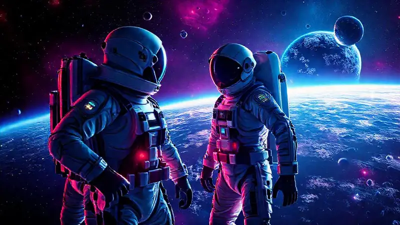 Astronautas en trajes futuristas explorando el espacio