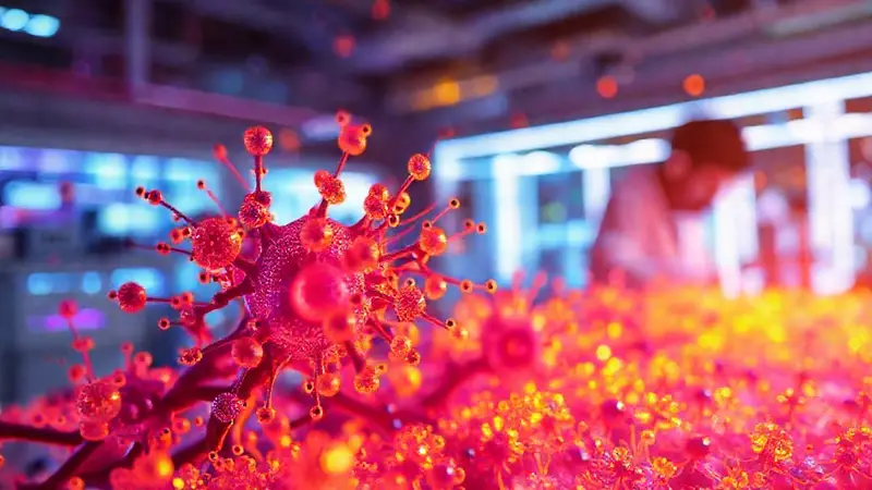 Nanopartículas brillantes en laboratorio futurista
