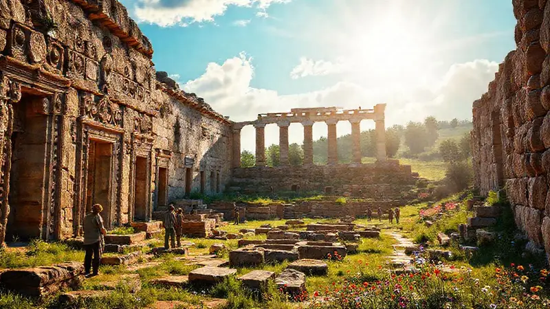 Ruinas europeas antiguas en paisaje soleado