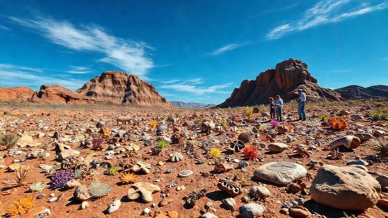 Fósiles diversos y científicos emocionados en paisaje antiguo