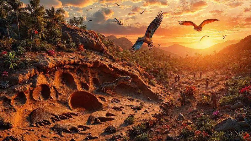 Fósiles de dinosaurios y aves en un paisaje