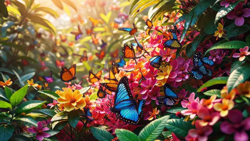 Mariposas coloridas camufladas en flores tropicales