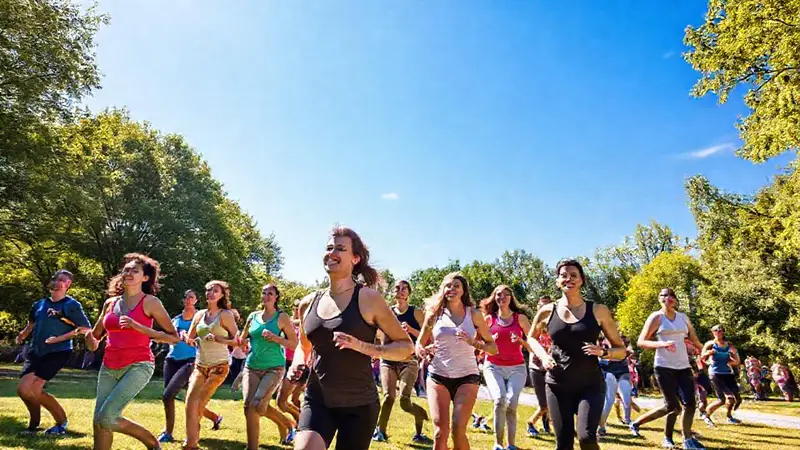 Grupo diverso ejercitándose alegremente en un parque