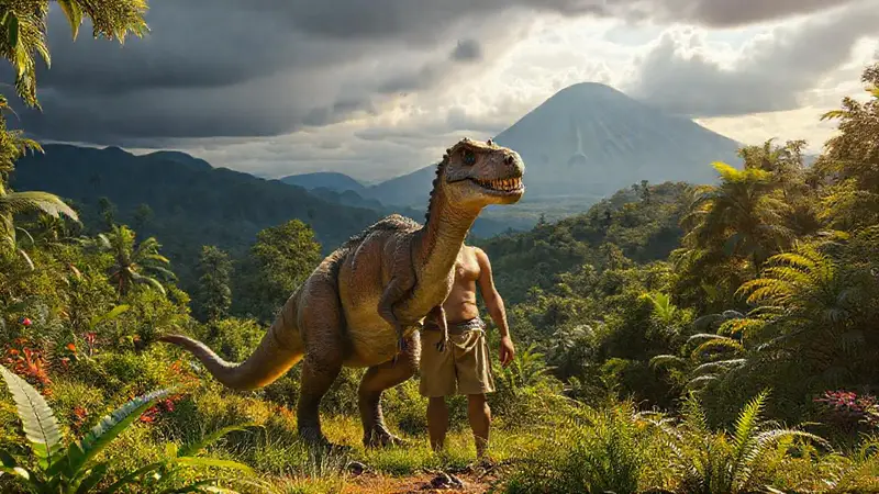 Dinosaurio y humano en paisaje prehistórico