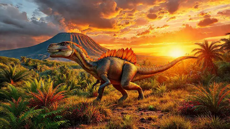 Dinosaurio colorido en paisaje prehistórico vibrante