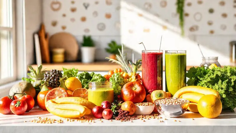 Mesa colorida de frutas y verduras saludables
