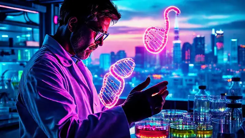 Científico examina ADN con tecnología futurista
