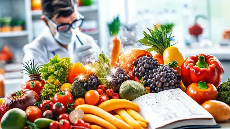 Científico examina vibrantes frutas y verduras