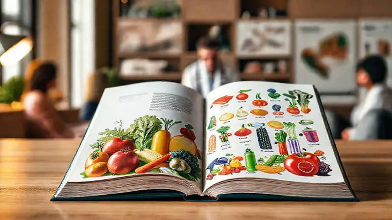 Libro abierto sobre salud y alimentos vibrantes