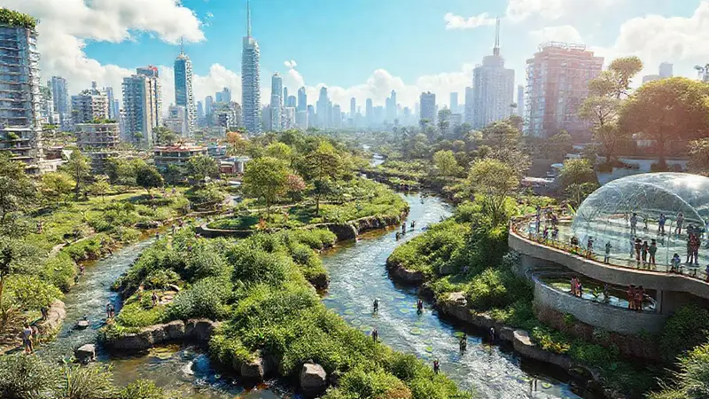 Ciudad futurista armoniosa con tecnología y naturaleza