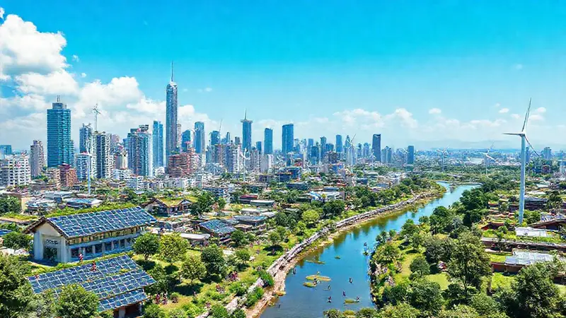 Ciudad futurista con naturaleza y tecnología integrada