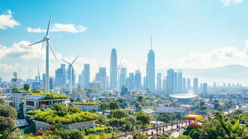 Ciudad futurista con naturaleza y tecnología sostenible