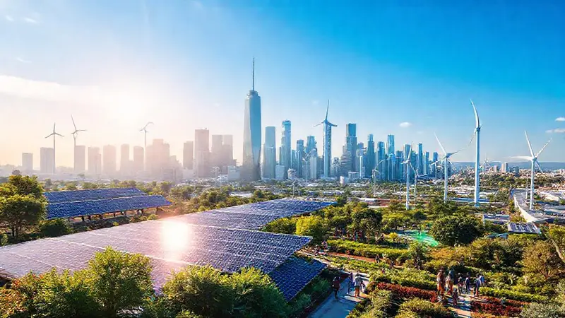 Ciudad futurista con energía limpia y colaboración